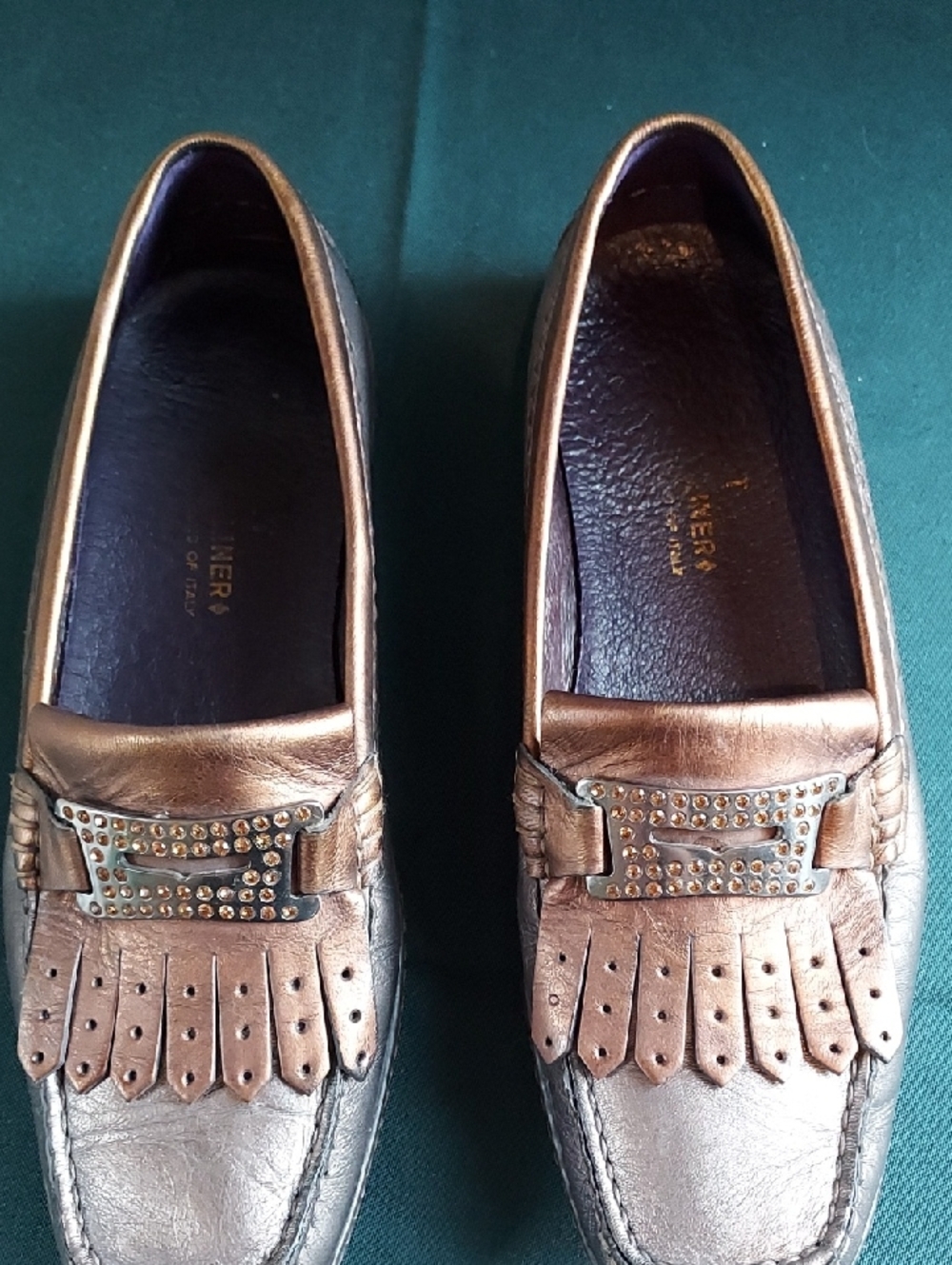 Donald J. Pliner Metallic Bronze Kiltie Loafers w/Gold Rhinestone Hardware 7.5 M